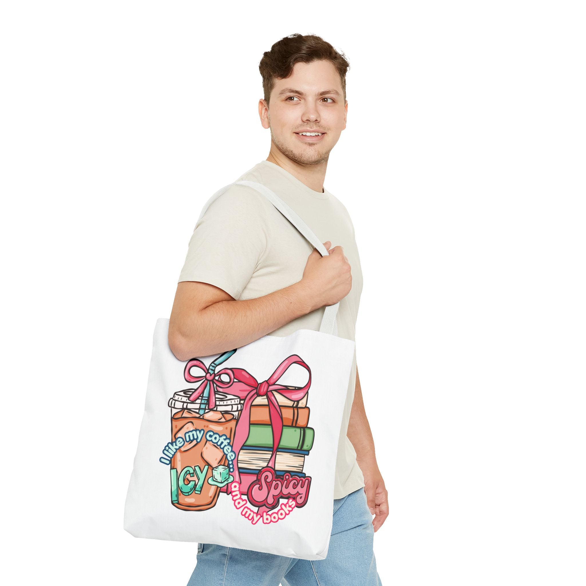 Book Lover Tote Bag — “I like my coffee icy and my books spicy” Illustrated Bookstack & Iced Coffee Design