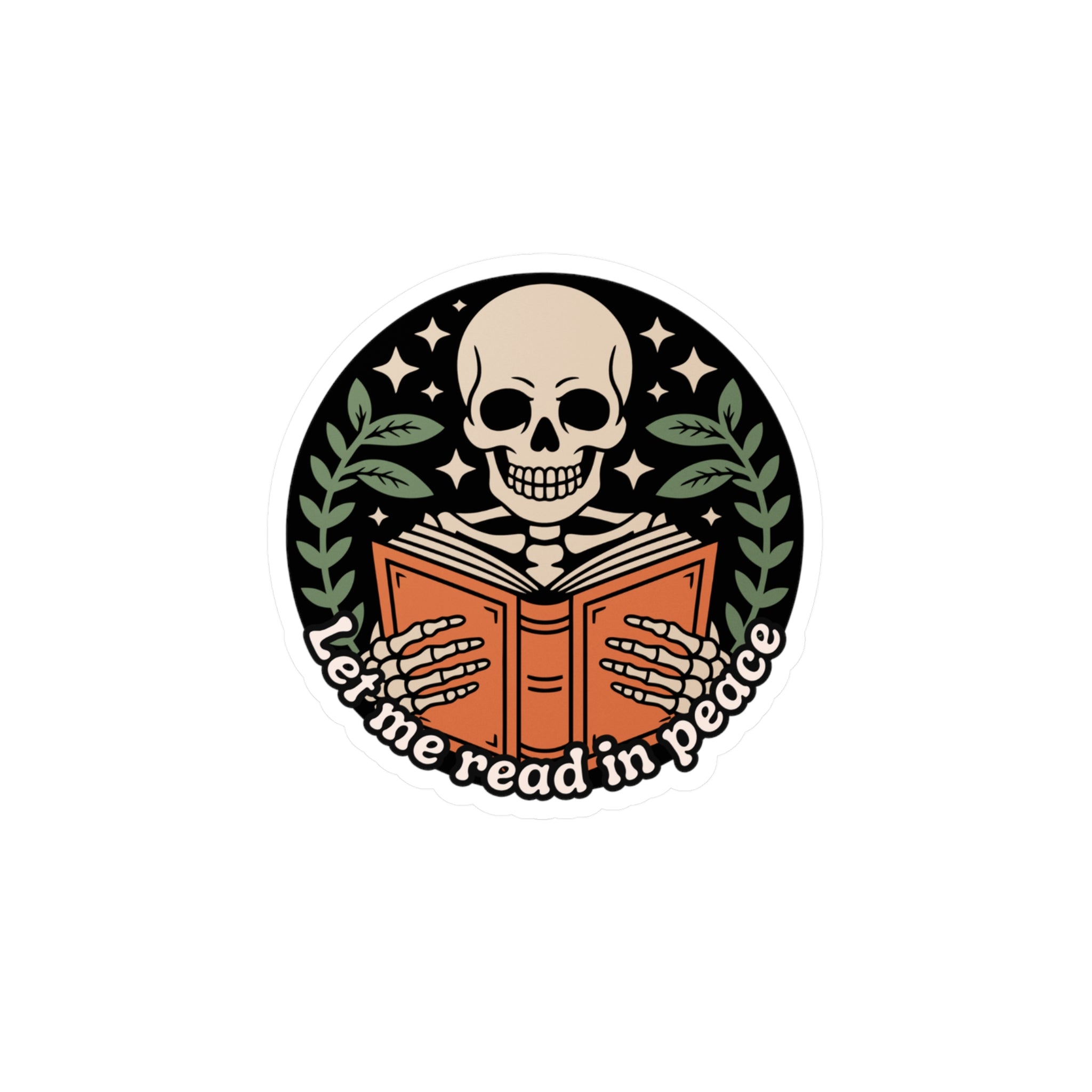 Skeleton Reading Vinyl Sticker – “Let Me Read in Peace” Kiss-Cut Decal
