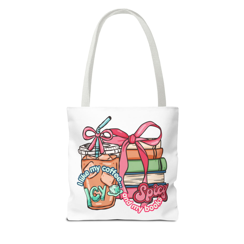 Book Lover Tote Bag — “I like my coffee icy and my books spicy” Illustrated Bookstack & Iced Coffee Design