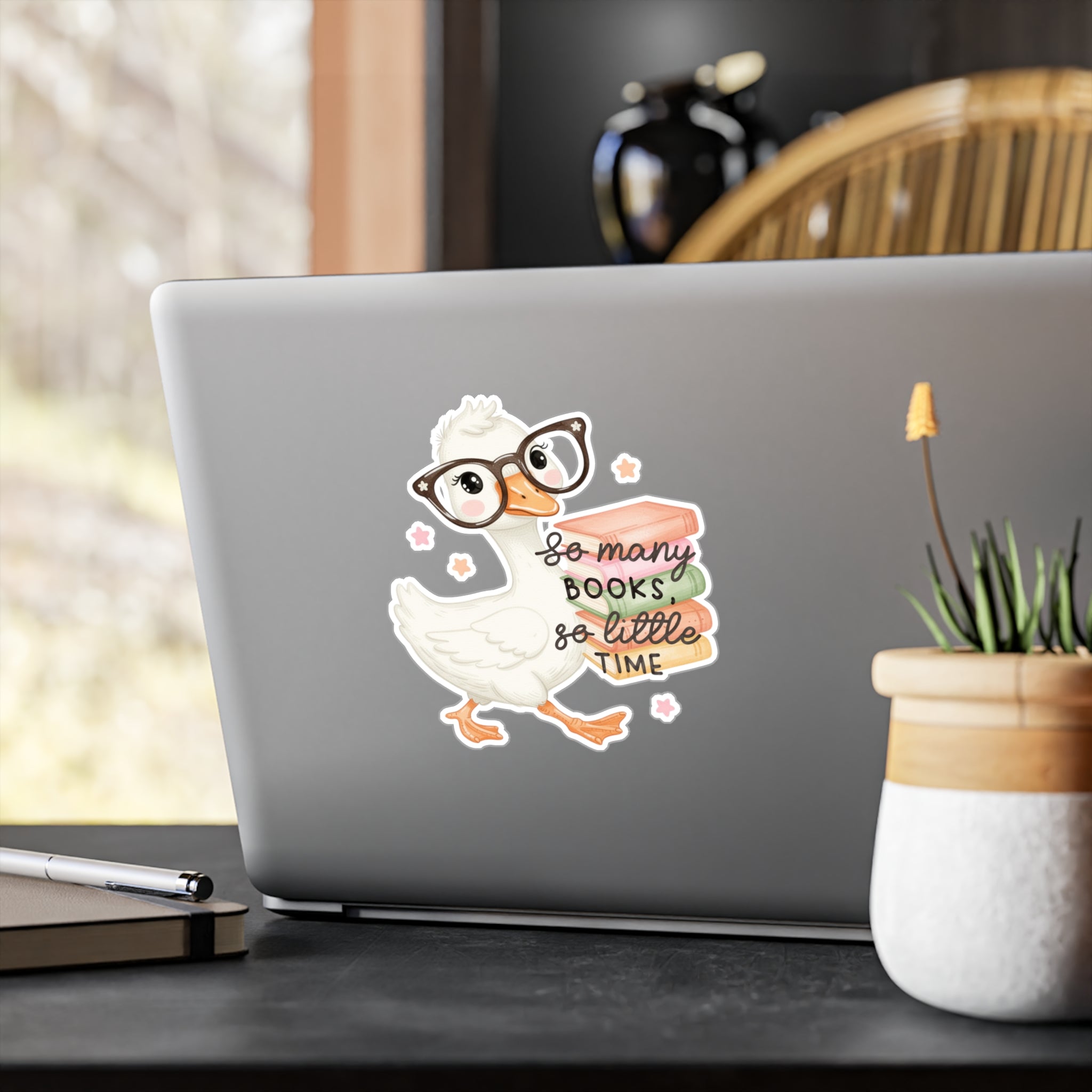 Duck Booklover Vinyl Sticker — "So Many Books, So Little Time" Kiss-Cut Decal
