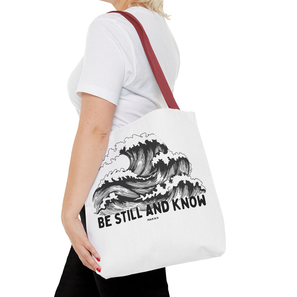 Be Still and Know Wave Tote Bag — Inspirational Psalm 36:10 Canvas Tote