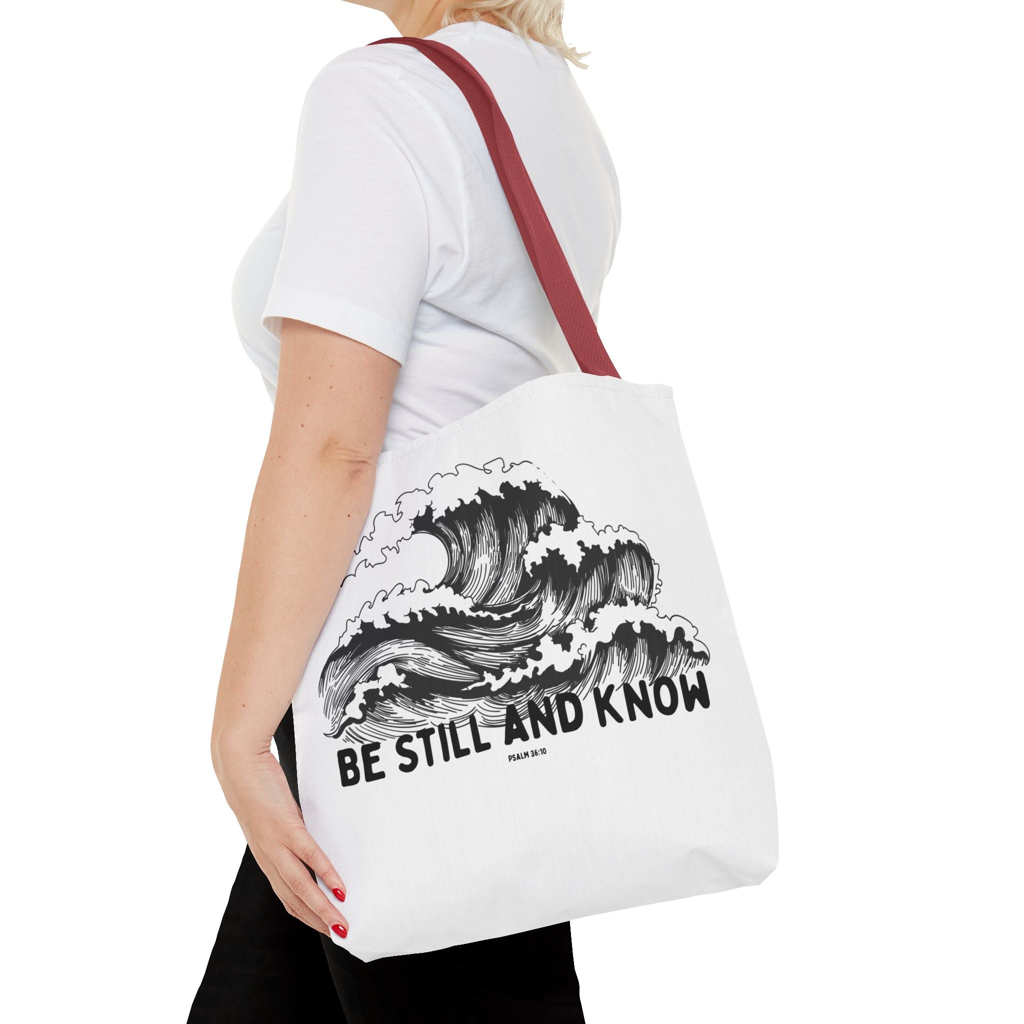 Be Still and Know Wave Tote Bag — Inspirational Psalm 36:10 Canvas Tote