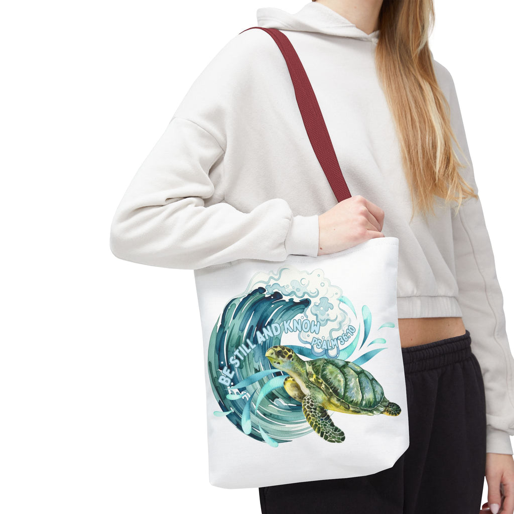 Sea Turtle Wave Tote Bag — "Be Still and Know" Ocean Eco Shopper