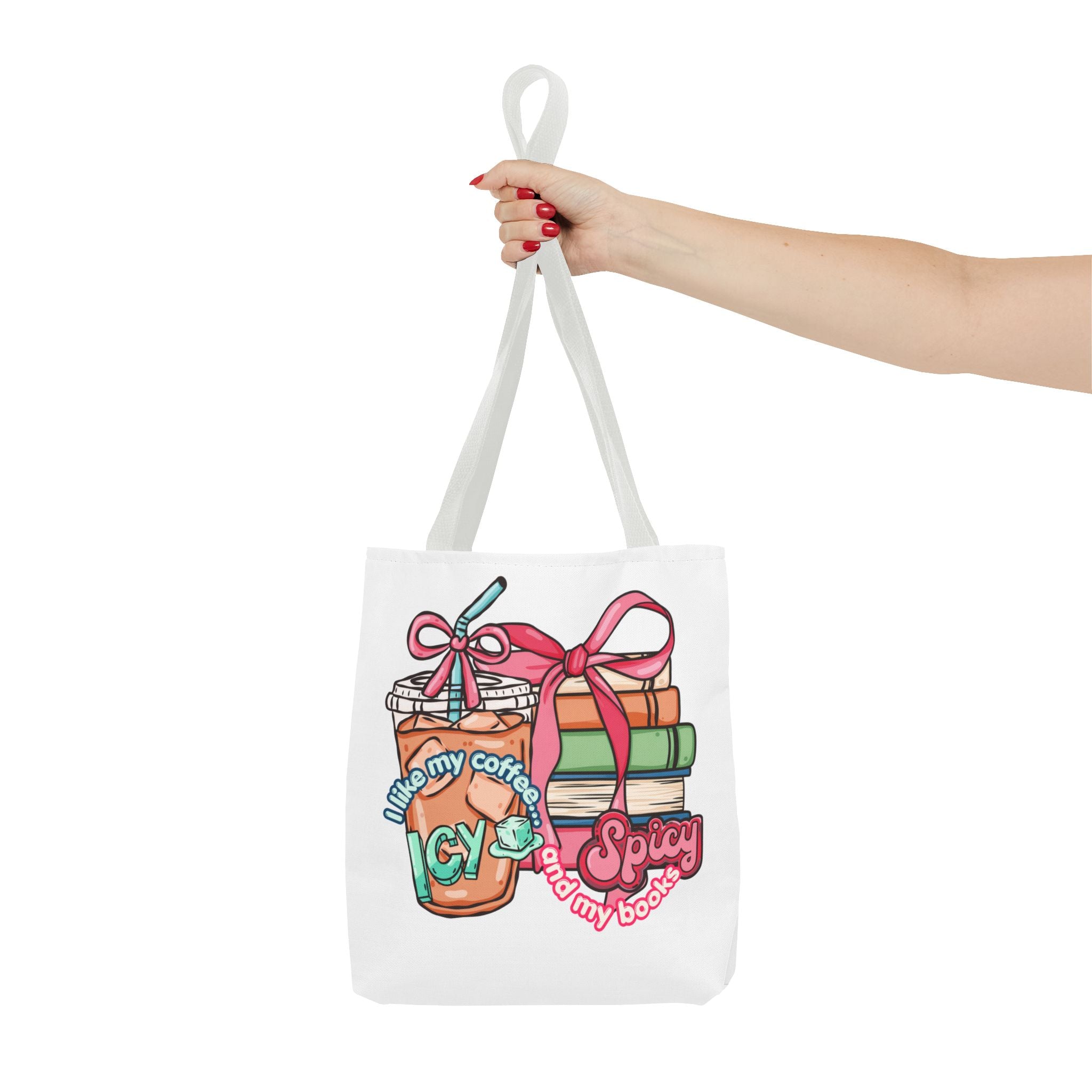 Book Lover Tote Bag — “I like my coffee icy and my books spicy” Illustrated Bookstack & Iced Coffee Design
