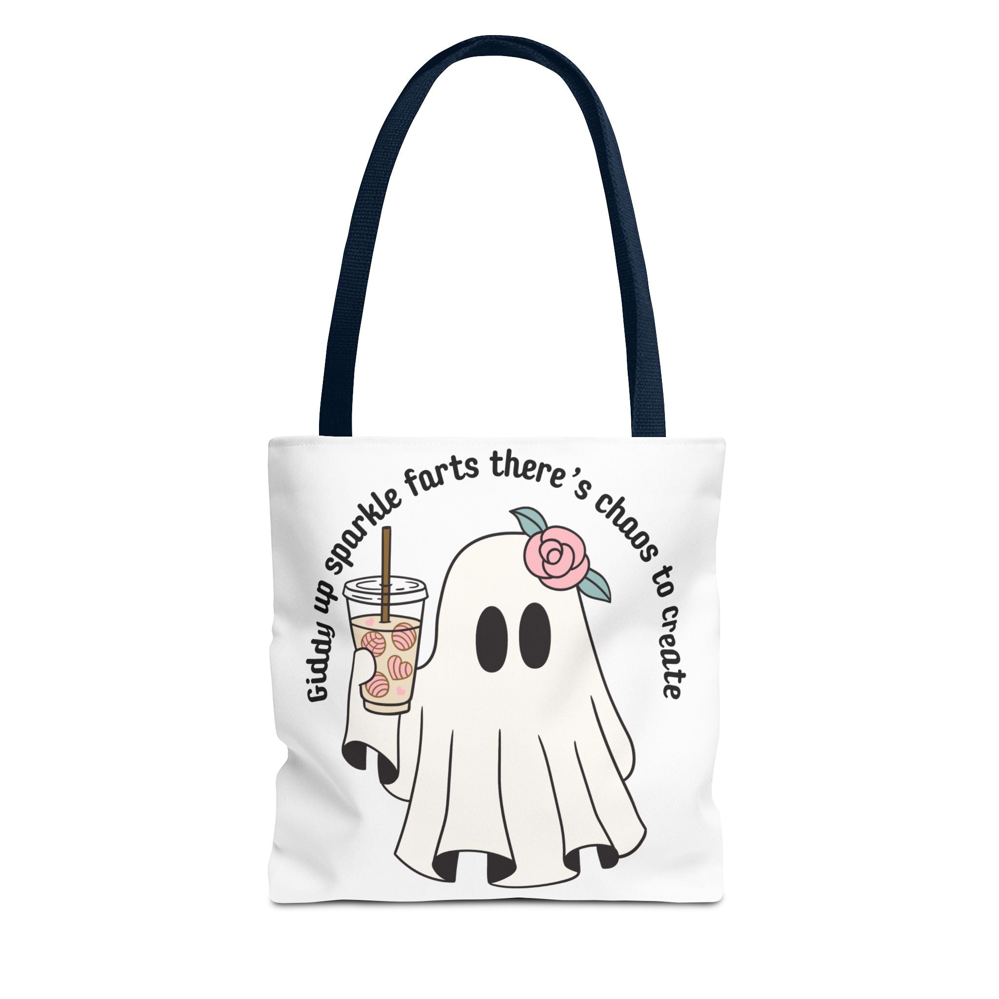 Cute Ghost Tote Bag - "Giddy up sparkle farts there’s chaos to create" Ghost with Boba Tea Tote