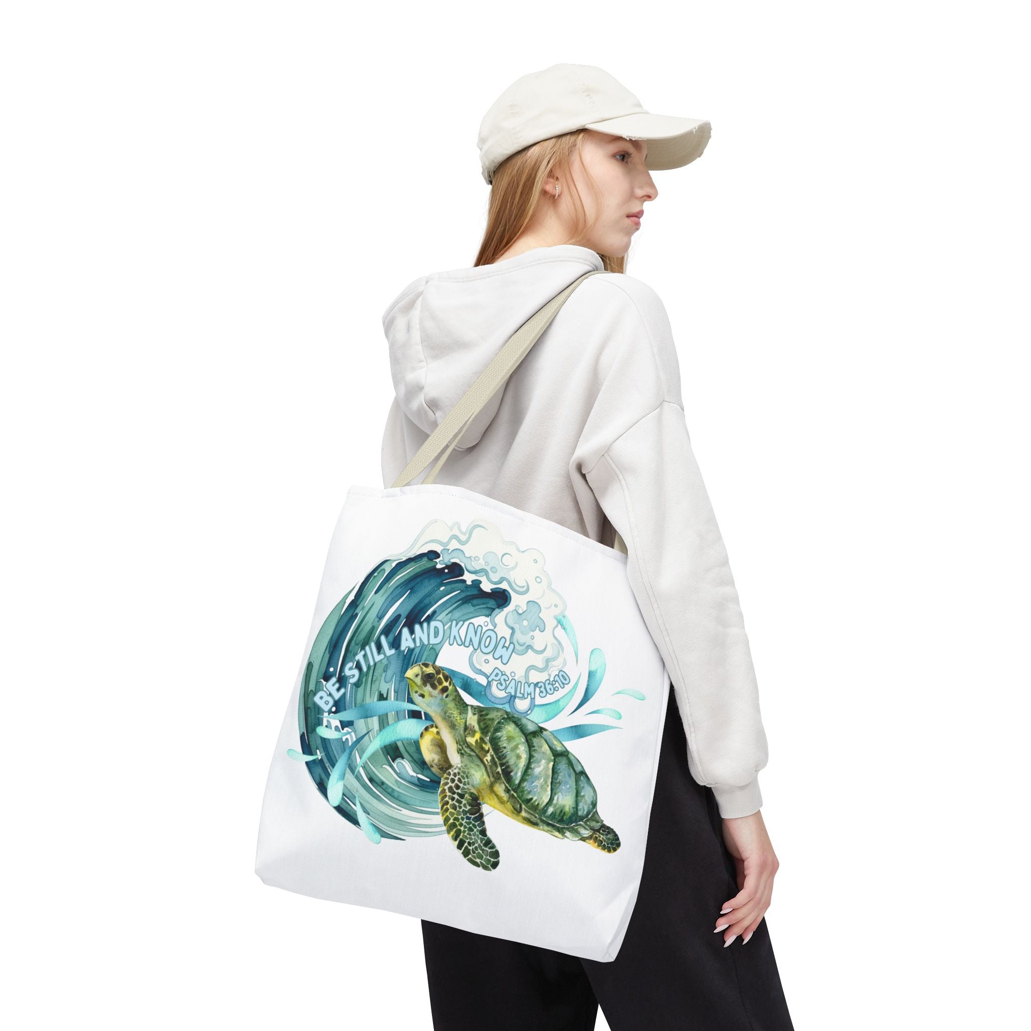 Sea Turtle Wave Tote Bag — "Be Still and Know" Ocean Eco Shopper
