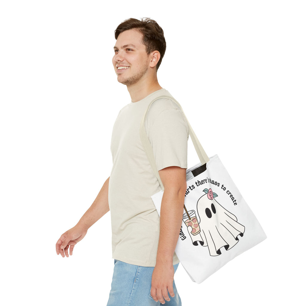 Cute Ghost Tote Bag - "Giddy up sparkle farts there’s chaos to create" Ghost with Boba Tea Tote