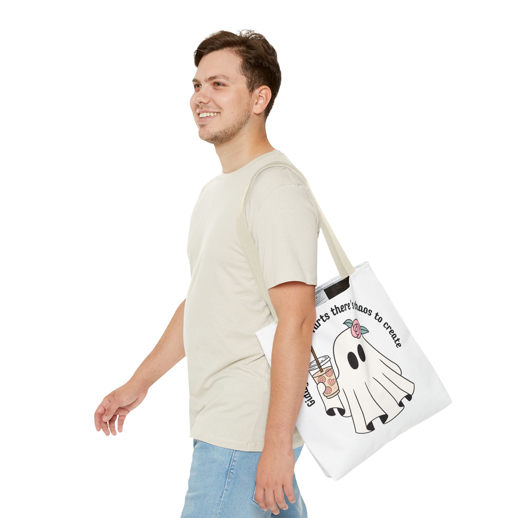 Cute Ghost Tote Bag - "Giddy up sparkle farts there’s chaos to create" Ghost with Boba Tea Tote