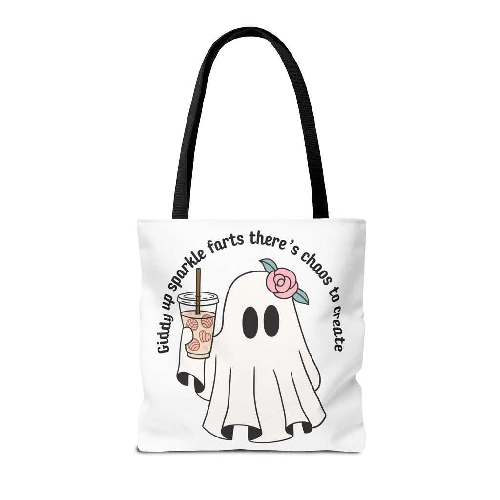 Cute Ghost Tote Bag - "Giddy up sparkle farts there’s chaos to create" Ghost with Boba Tea Tote