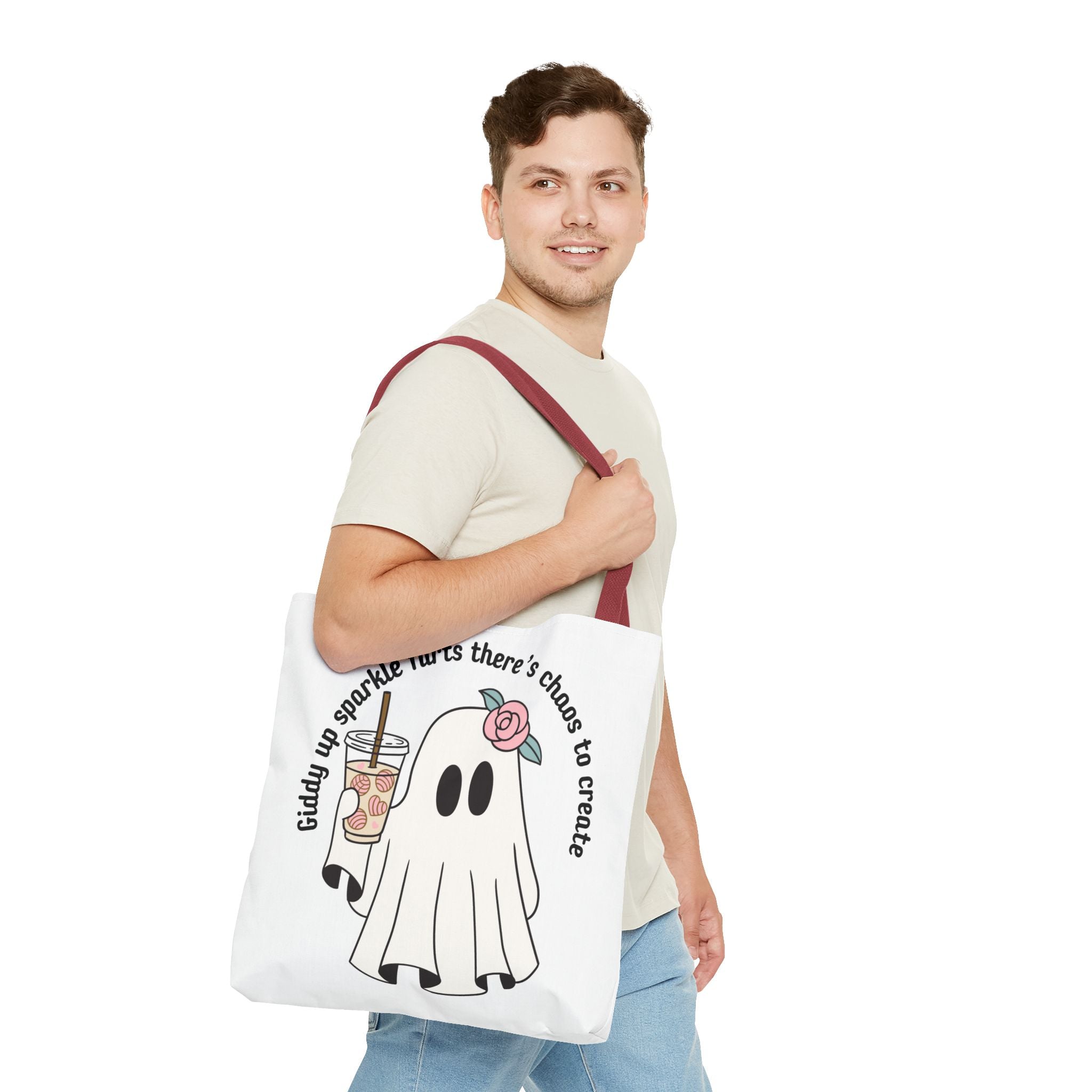 Cute Ghost Tote Bag - "Giddy up sparkle farts there’s chaos to create" Ghost with Boba Tea Tote