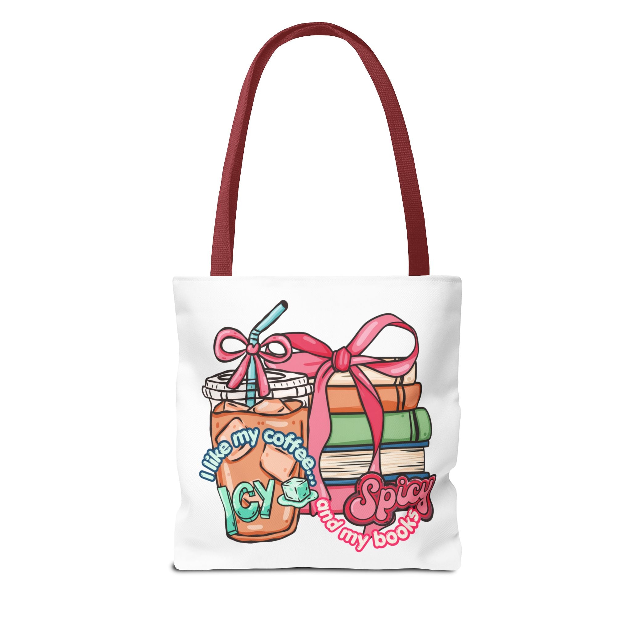 Book Lover Tote Bag — “I like my coffee icy and my books spicy” Illustrated Bookstack & Iced Coffee Design