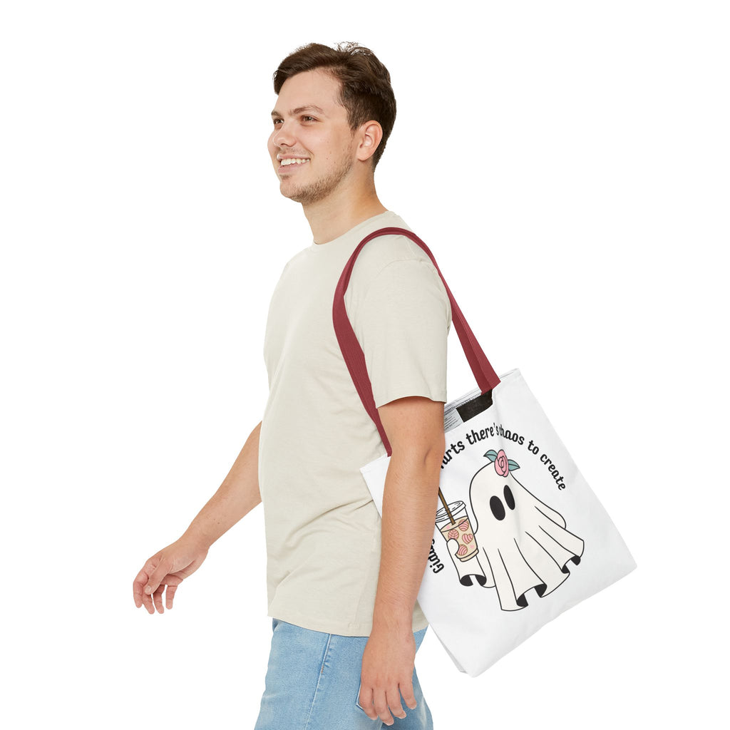 Cute Ghost Tote Bag - "Giddy up sparkle farts there’s chaos to create" Ghost with Boba Tea Tote