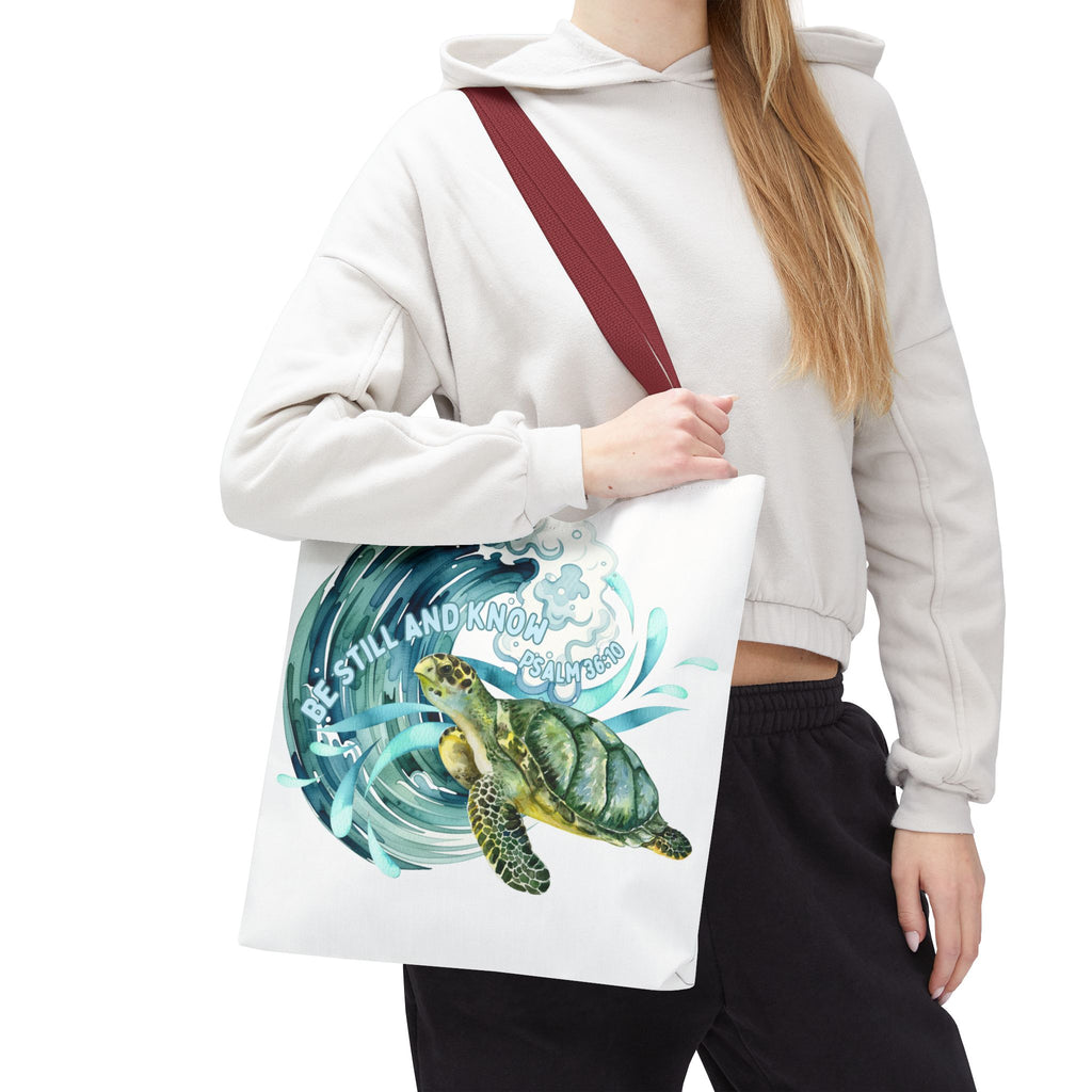 Sea Turtle Wave Tote Bag — "Be Still and Know" Ocean Eco Shopper