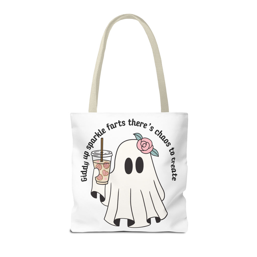 Cute Ghost Tote Bag - "Giddy up sparkle farts there’s chaos to create" Ghost with Boba Tea Tote