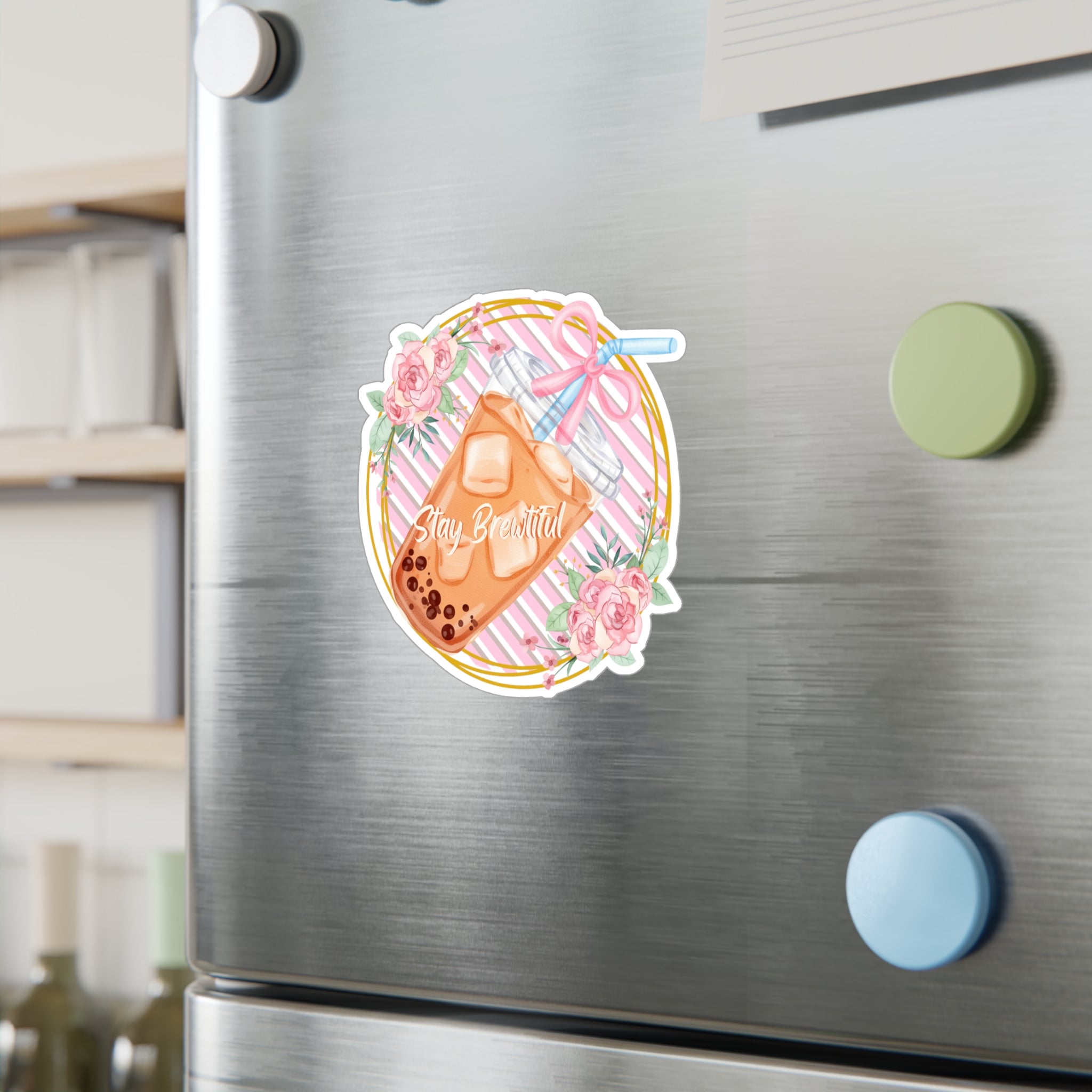 Boba Bubble Tea Vinyl Sticker – “Stay Beautiful” Floral Kiss-Cut Decal