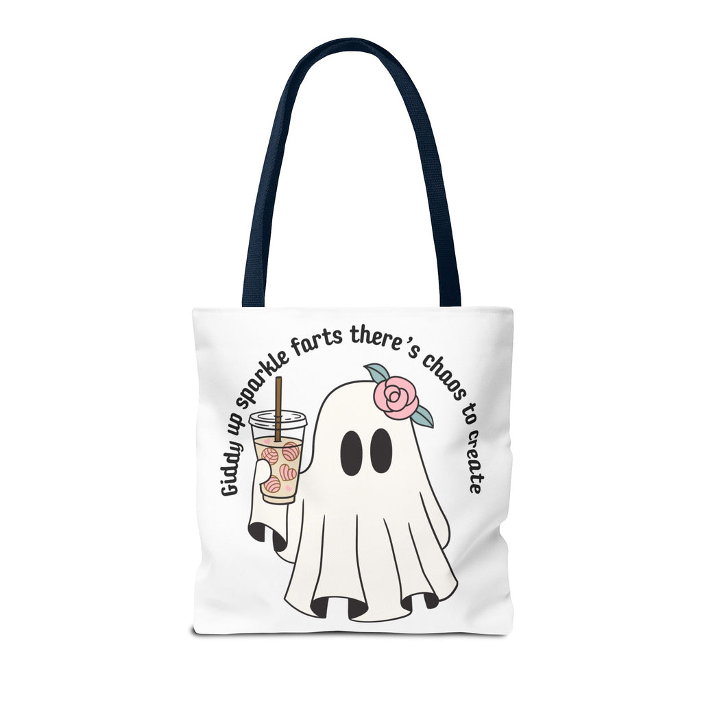 Cute Ghost Tote Bag - "Giddy up sparkle farts there’s chaos to create" Ghost with Boba Tea Tote