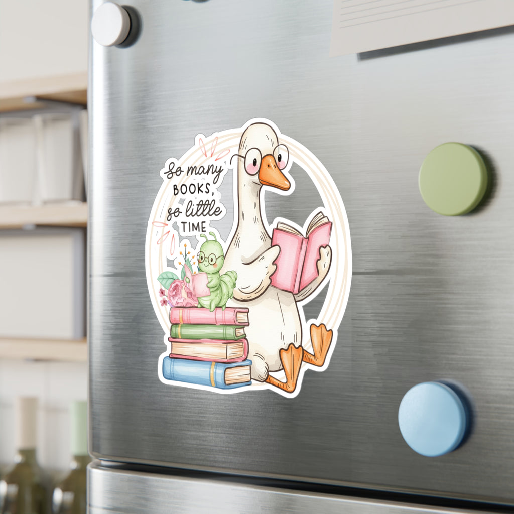 Reading Goose Kiss-Cut Vinyl Sticker — “So Many Books, So Little Time”