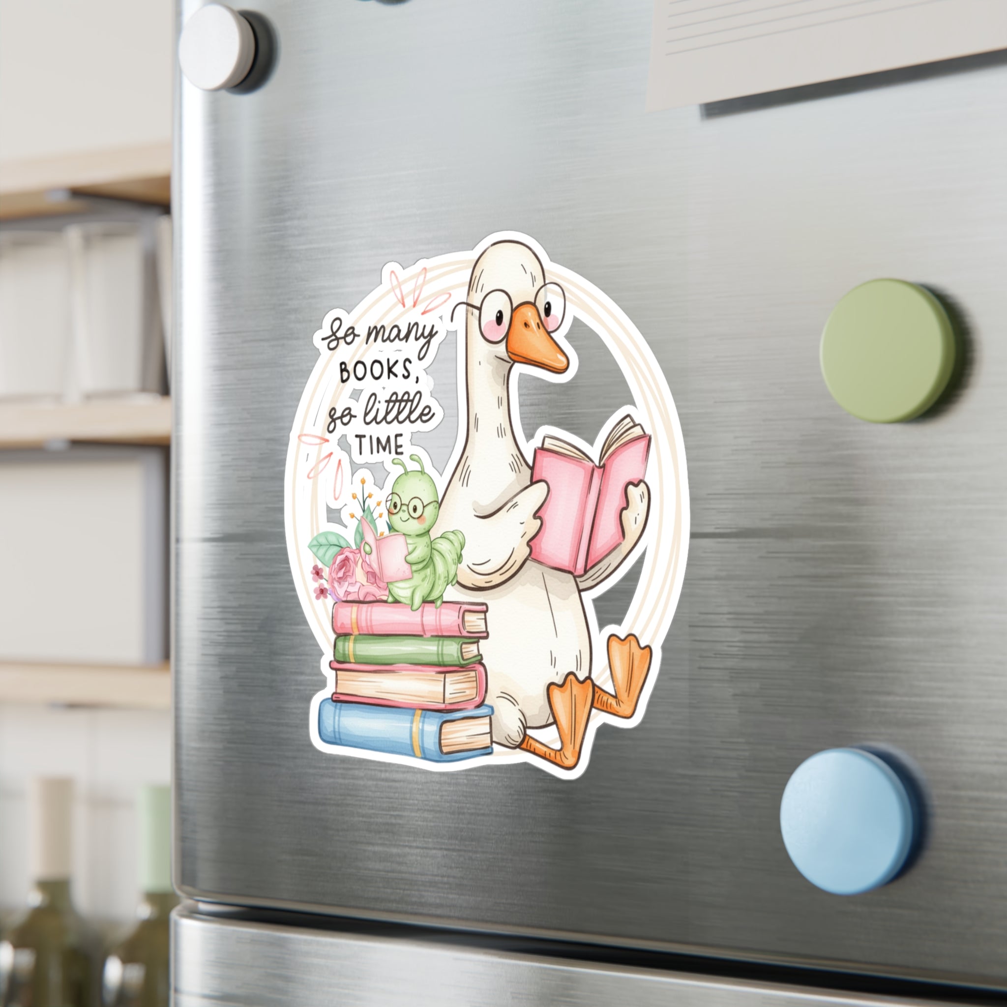 Reading Goose Kiss-Cut Vinyl Sticker — “So Many Books, So Little Time”