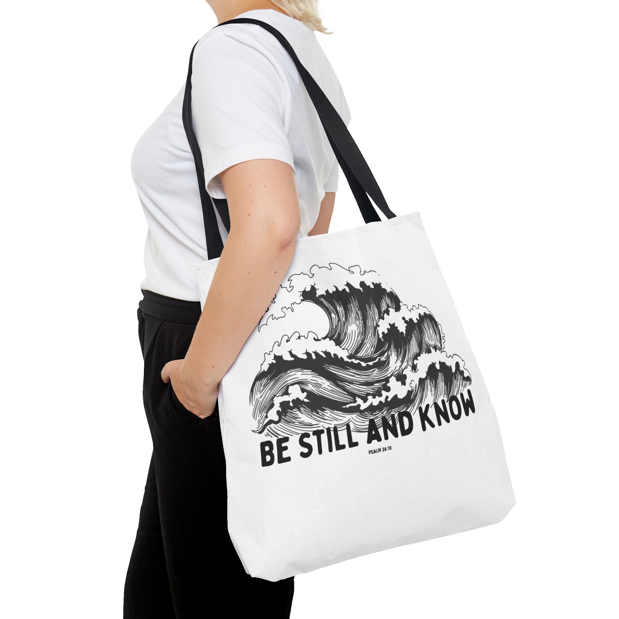 Be Still and Know Wave Tote Bag — Inspirational Psalm 36:10 Canvas Tote