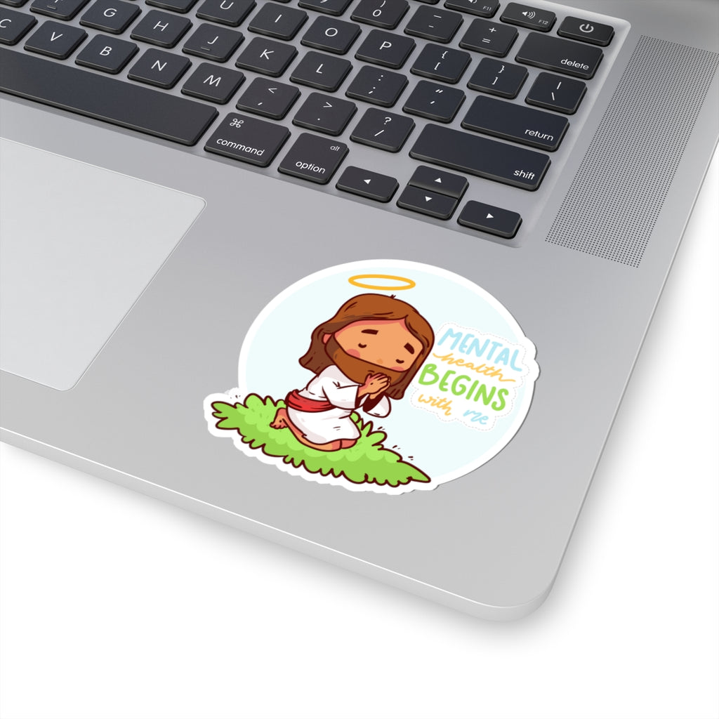 Sticker — "Mental Health Begins with Me" Praying Jesus Cute Faith Vinyl Sticker