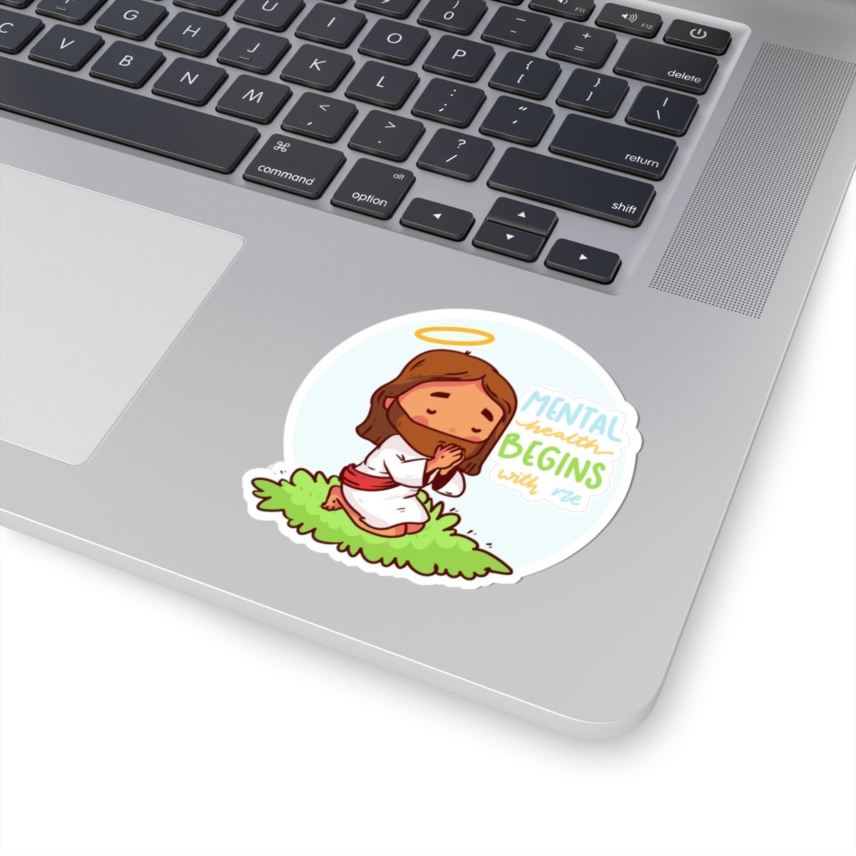 Sticker — "Mental Health Begins with Me" Praying Jesus Cute Faith Vinyl Sticker
