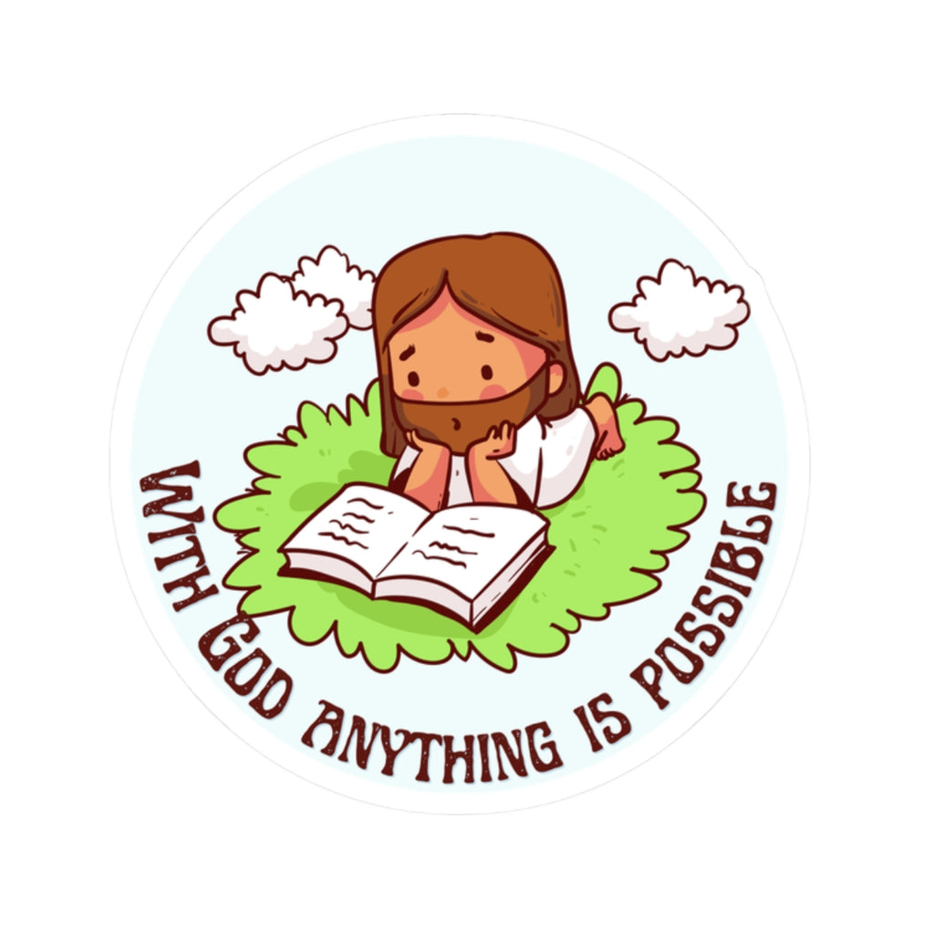 Inspirational Jesus Reading Sticker – “With God Anything Is Possible” Kiss-Cut Faith Decal