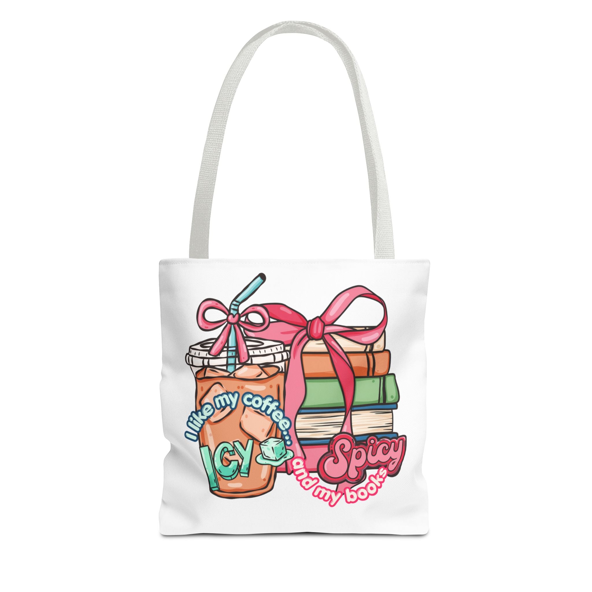 Book Lover Tote Bag — “I like my coffee icy and my books spicy” Illustrated Bookstack & Iced Coffee Design