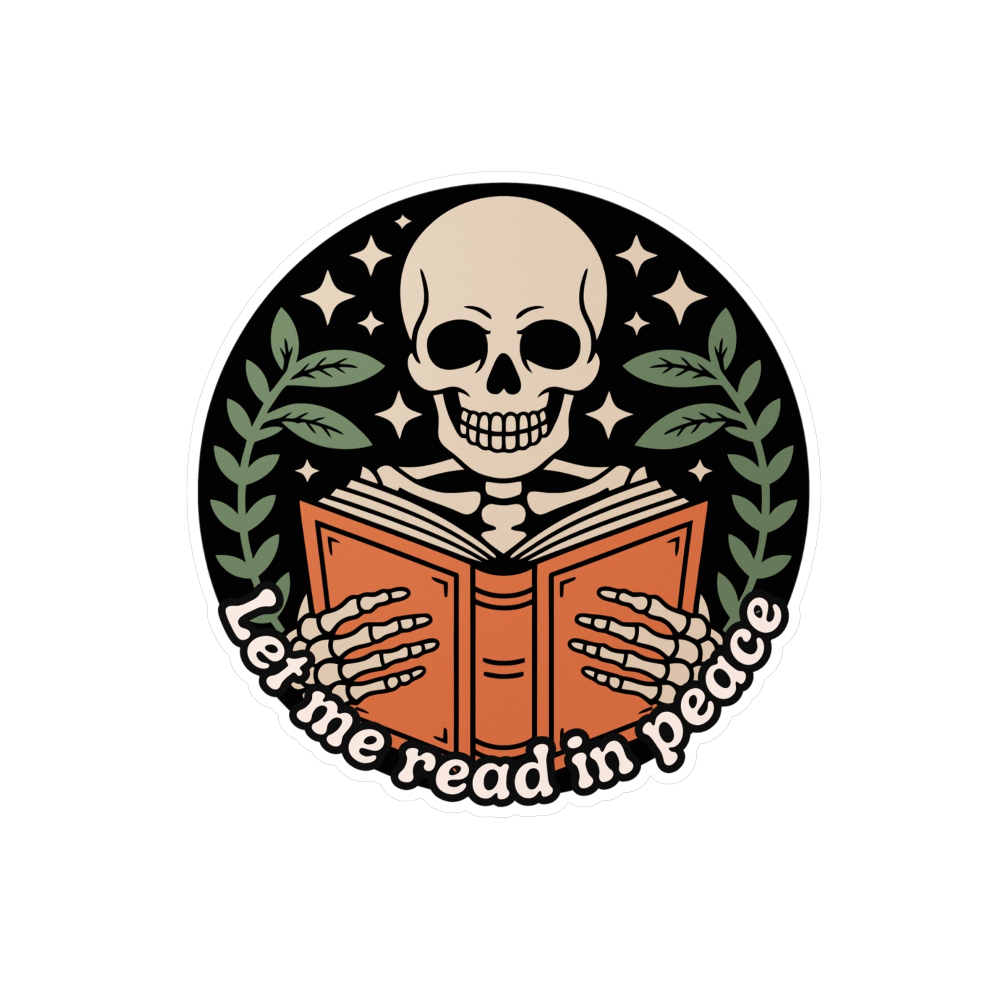 Skeleton Reading Vinyl Sticker – “Let Me Read in Peace” Kiss-Cut Decal