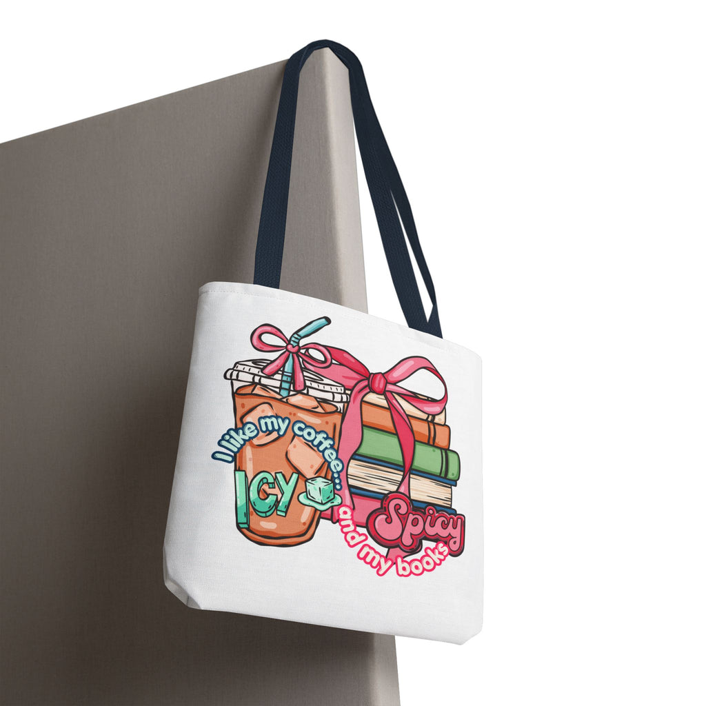 Book Lover Tote Bag — “I like my coffee icy and my books spicy” Illustrated Bookstack & Iced Coffee Design
