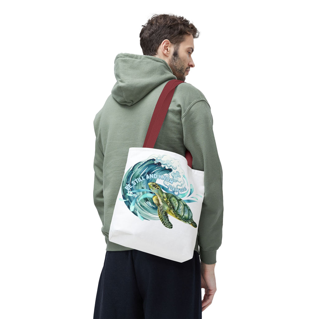 Sea Turtle Wave Tote Bag — "Be Still and Know" Ocean Eco Shopper