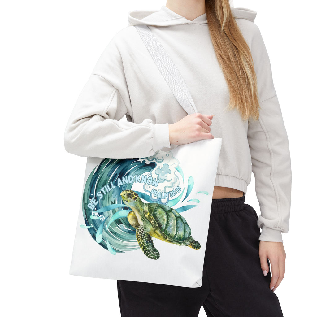 Sea Turtle Wave Tote Bag — "Be Still and Know" Ocean Eco Shopper