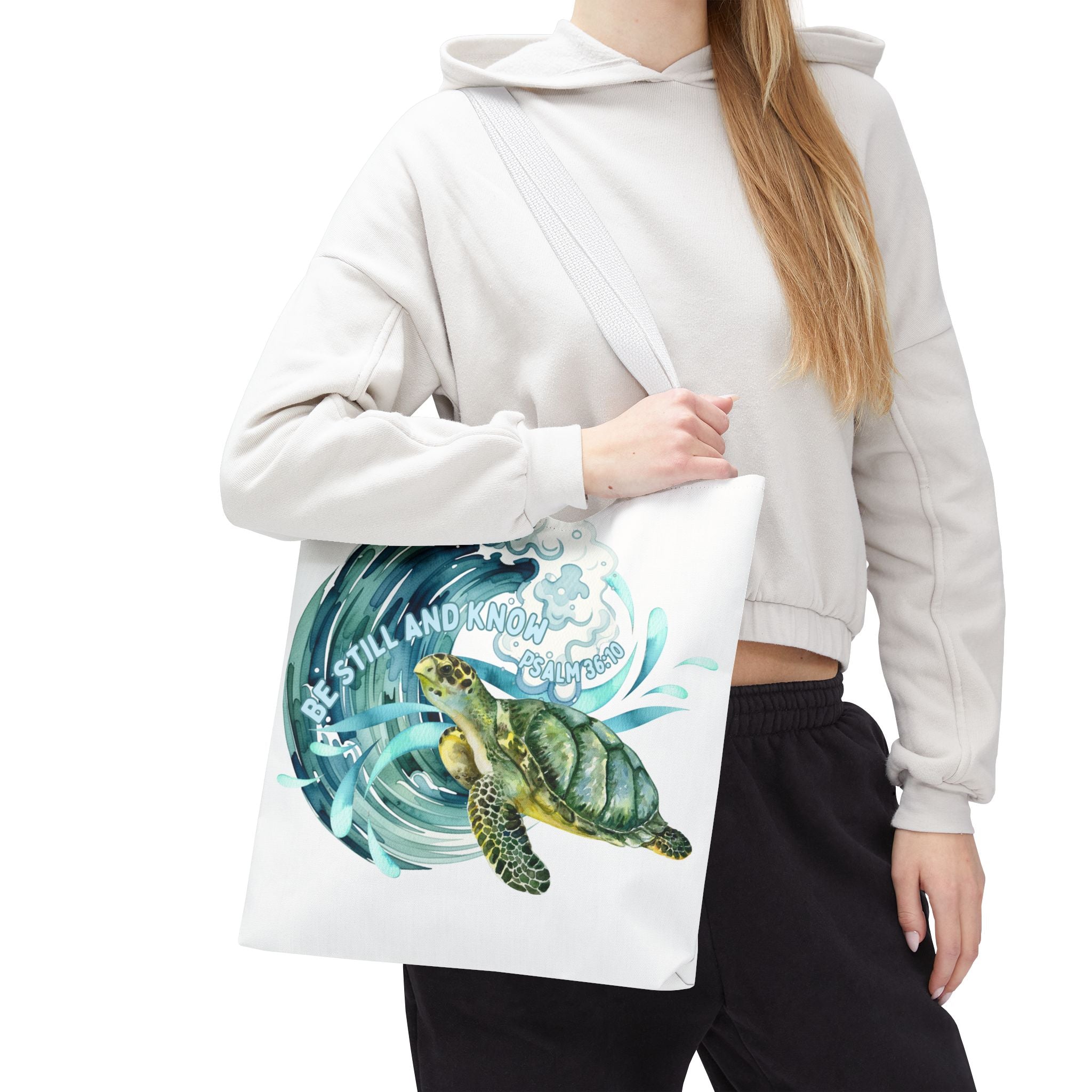 Sea Turtle Wave Tote Bag — "Be Still and Know" Ocean Eco Shopper