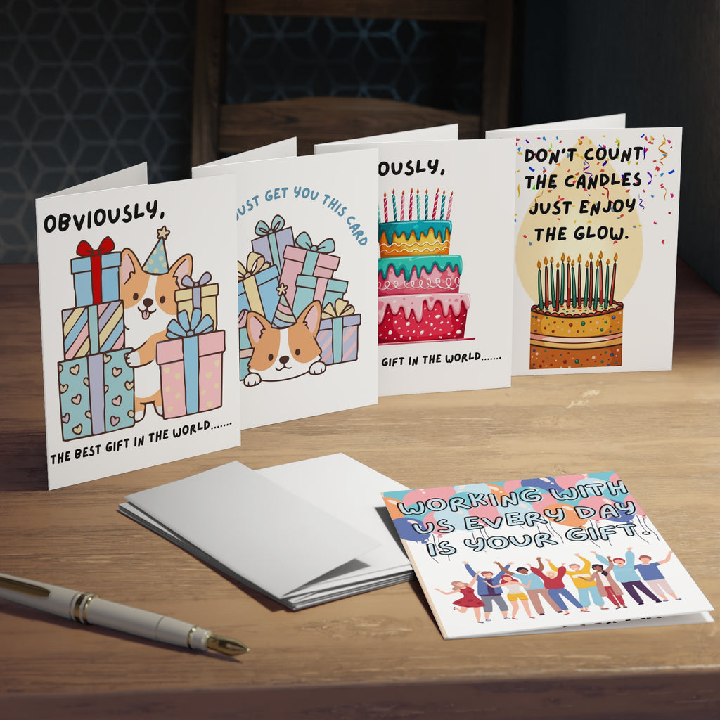 Birthday Greeting Card Set — 5-Pack Funny Corgi & Cake Designs (Workfriend, Candles, Gifts)