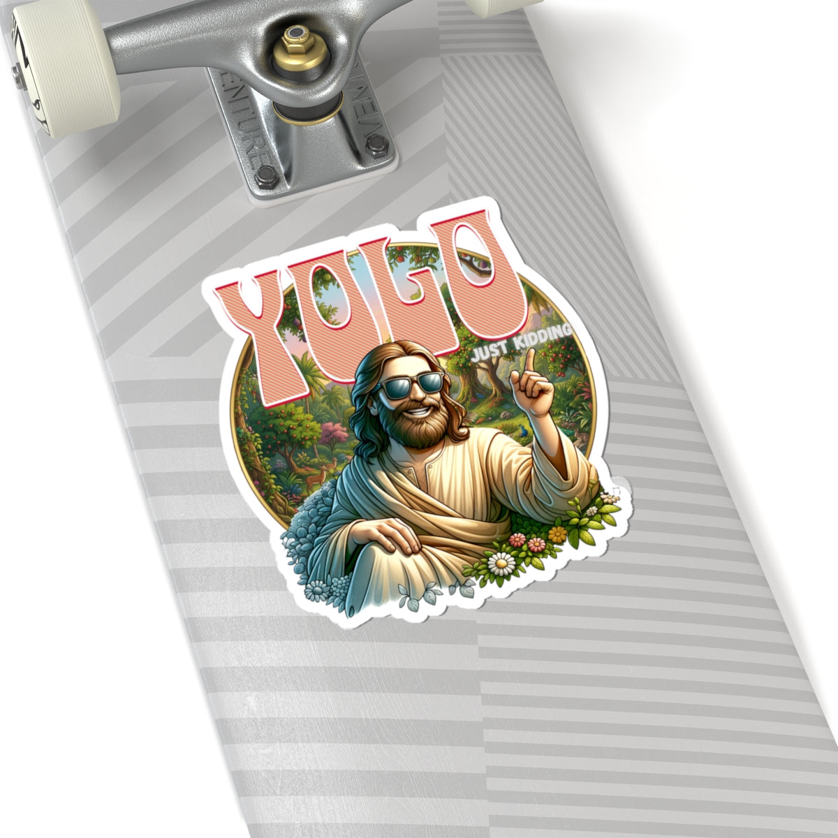 YOLO Just Kidding Sticker — Retro Jesus Kiss-Cut Vinyl Sticker