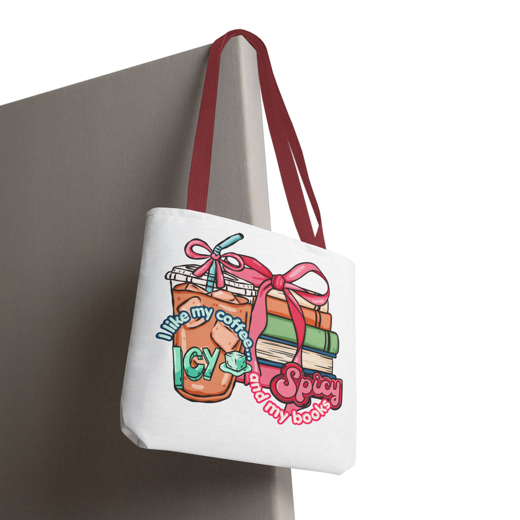 Book Lover Tote Bag — “I like my coffee icy and my books spicy” Illustrated Bookstack & Iced Coffee Design