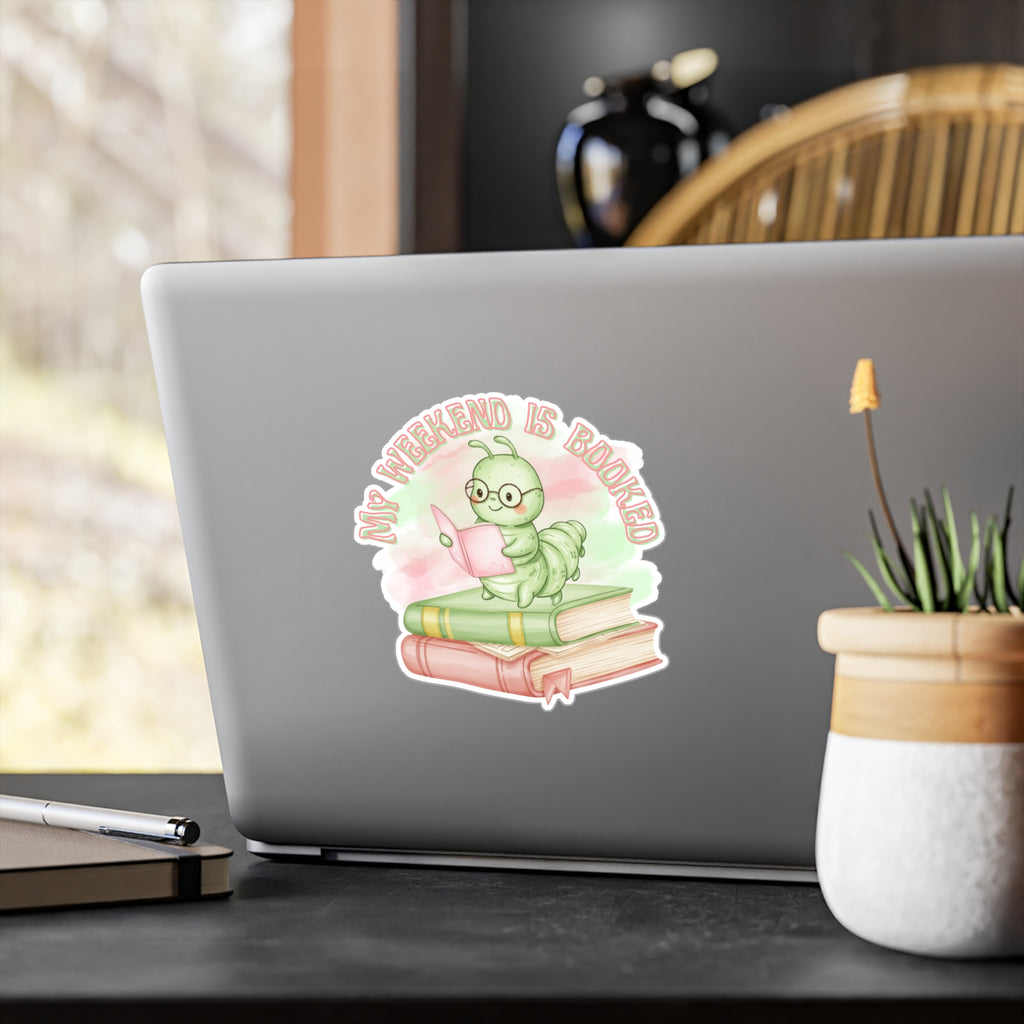 Bookworm Vinyl Sticker — "My Weekend Is Booked" Cute Reading Caterpillar Kiss-Cut Decal