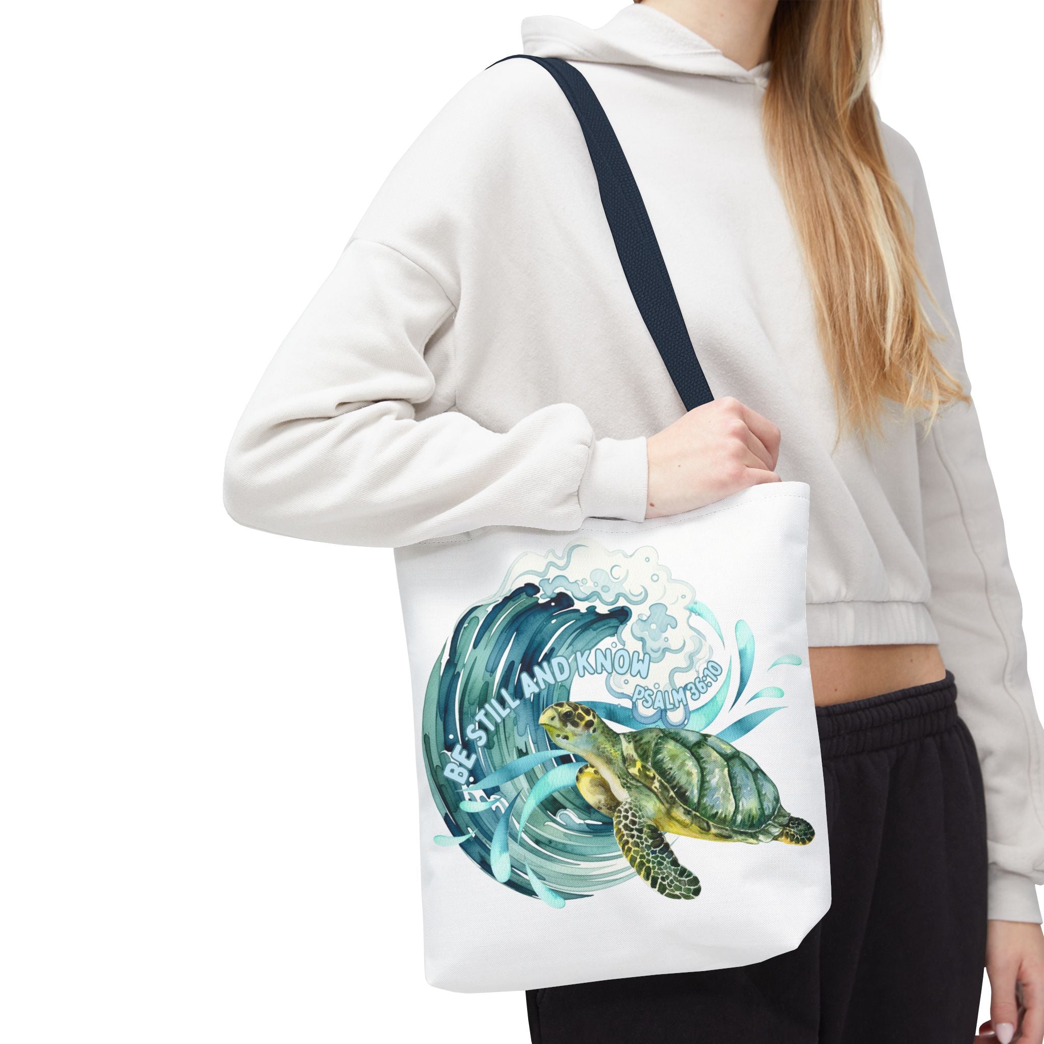 Sea Turtle Wave Tote Bag — "Be Still and Know" Ocean Eco Shopper