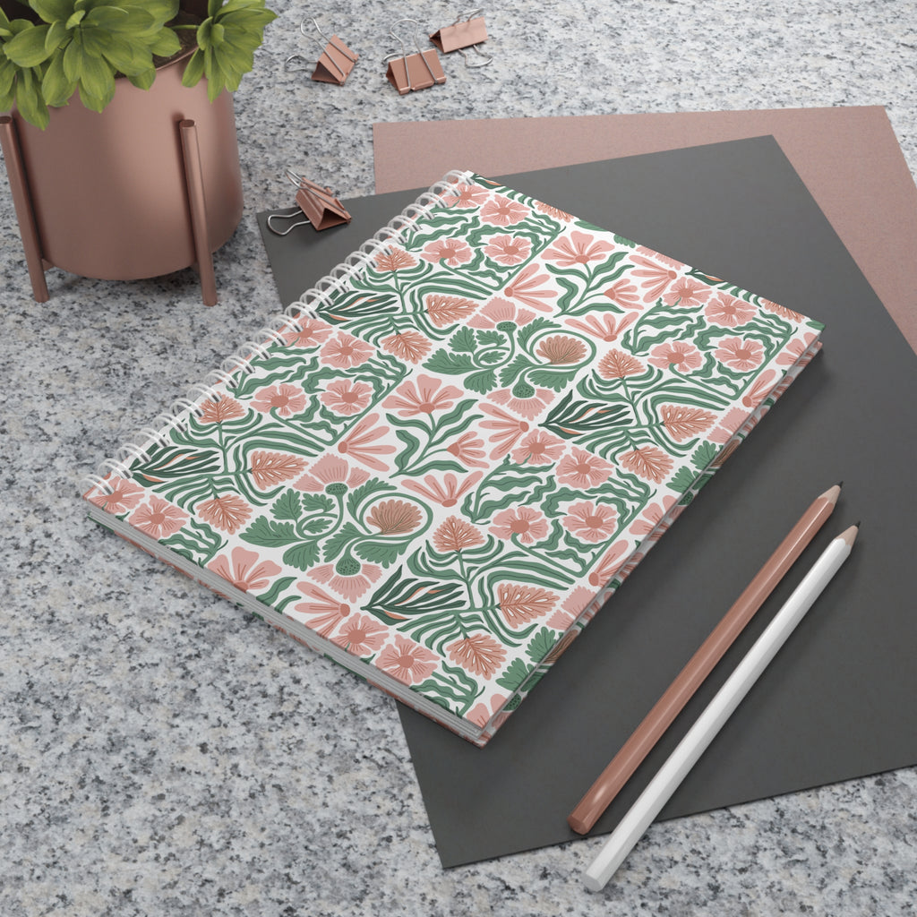 Floral Tile Spiral Notebook — Peach & Sage Botanical Journal