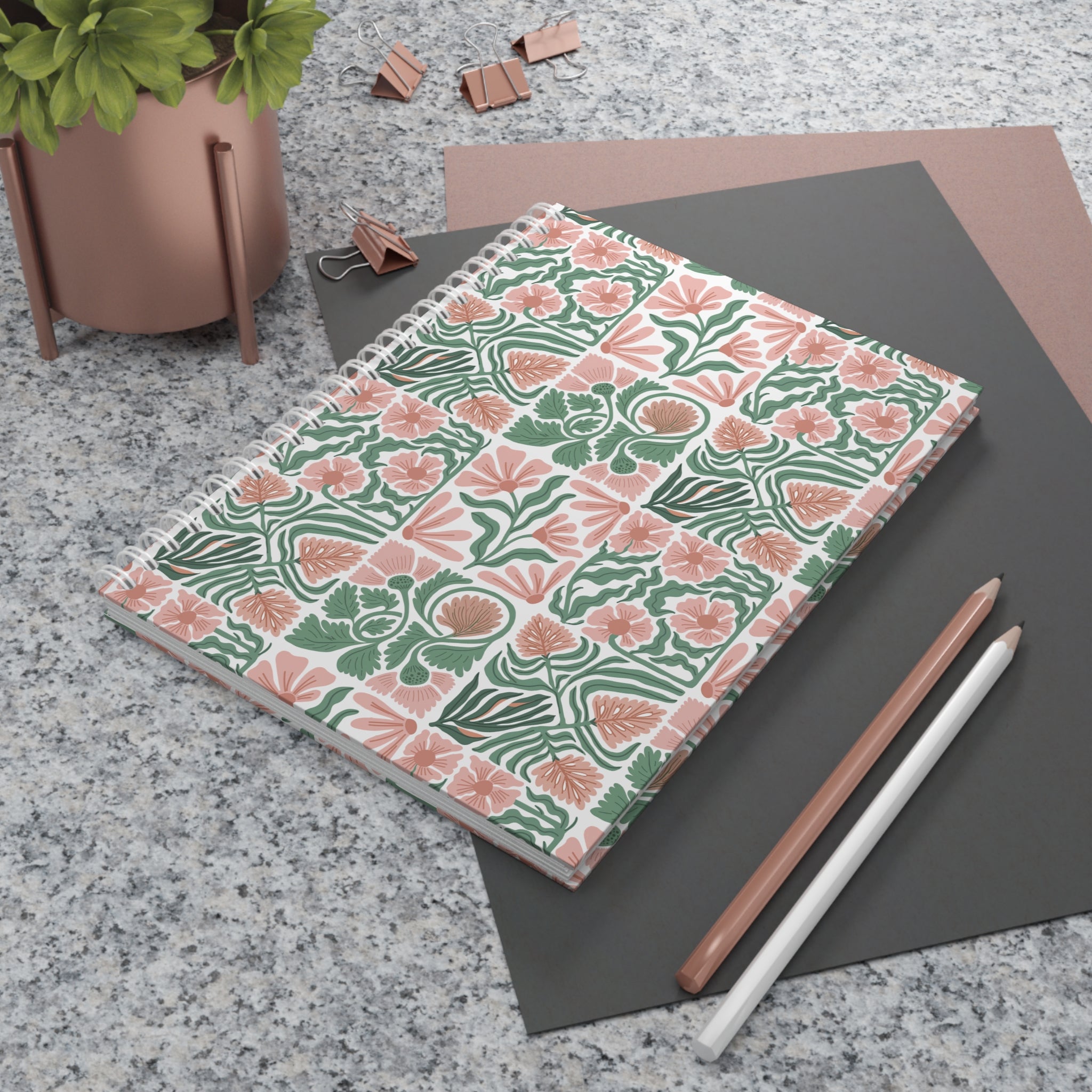 Floral Tile Spiral Notebook — Peach & Sage Botanical Journal
