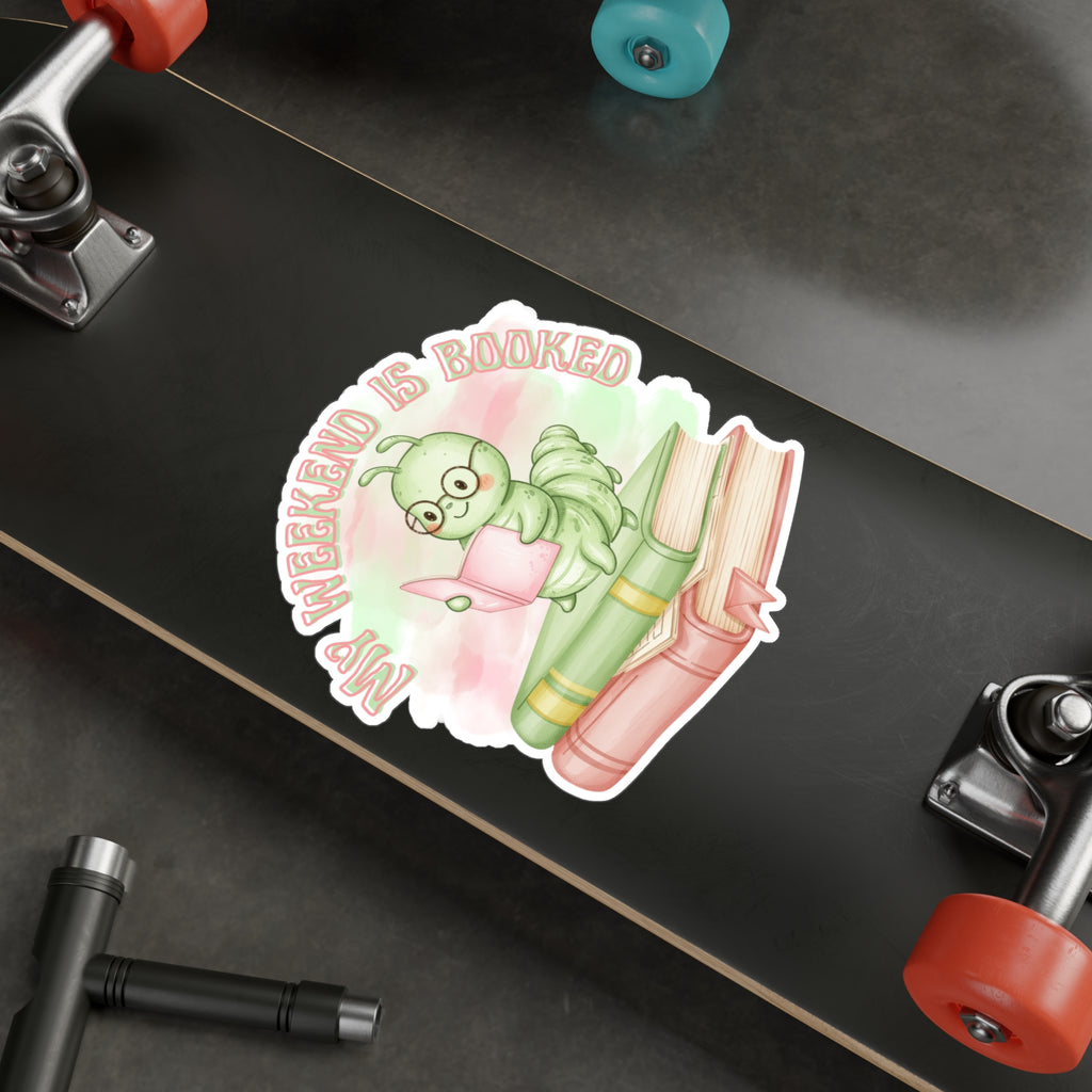 Bookworm Vinyl Sticker — "My Weekend Is Booked" Cute Reading Caterpillar Kiss-Cut Decal