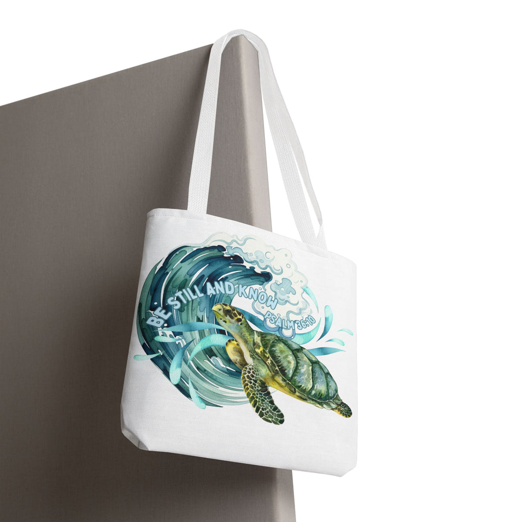 Sea Turtle Wave Tote Bag — "Be Still and Know" Ocean Eco Shopper