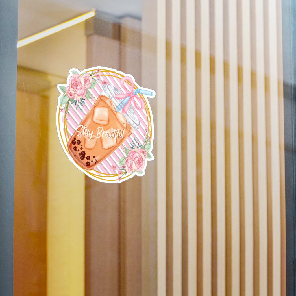Boba Bubble Tea Vinyl Sticker – “Stay Beautiful” Floral Kiss-Cut Decal
