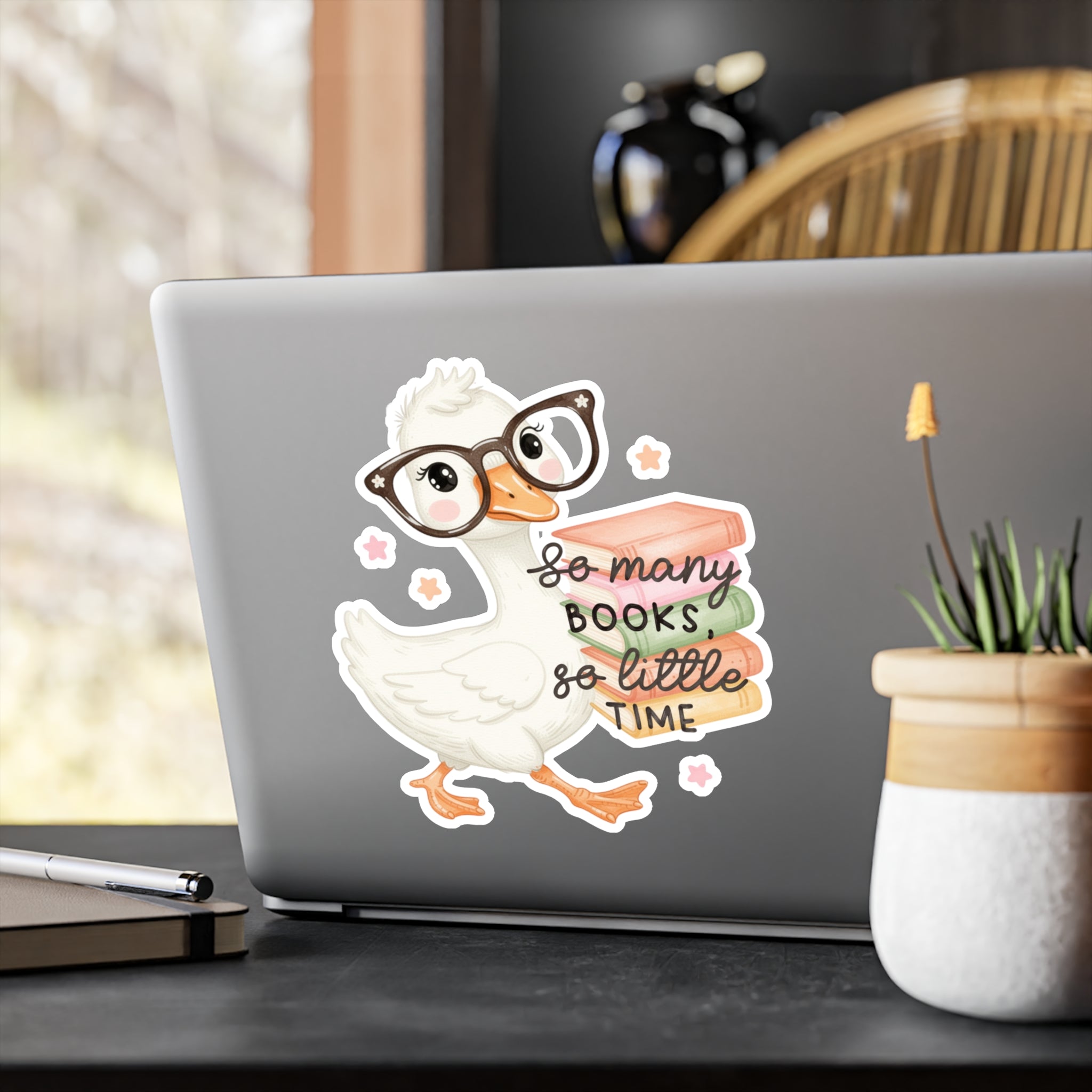 Duck Booklover Vinyl Sticker — "So Many Books, So Little Time" Kiss-Cut Decal