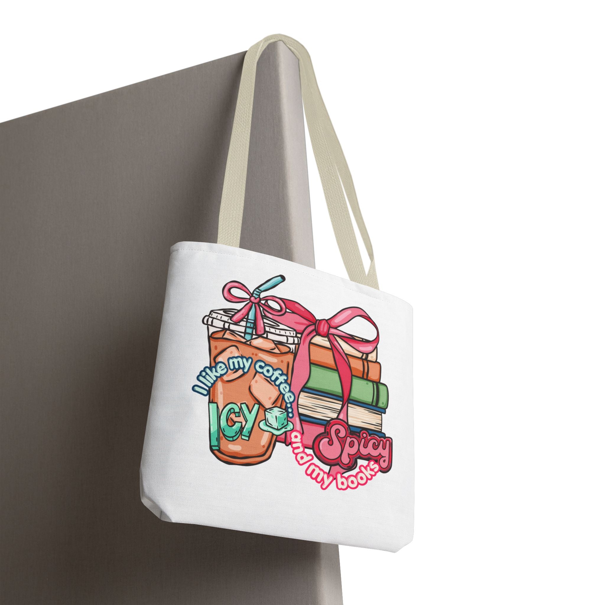 Book Lover Tote Bag — “I like my coffee icy and my books spicy” Illustrated Bookstack & Iced Coffee Design