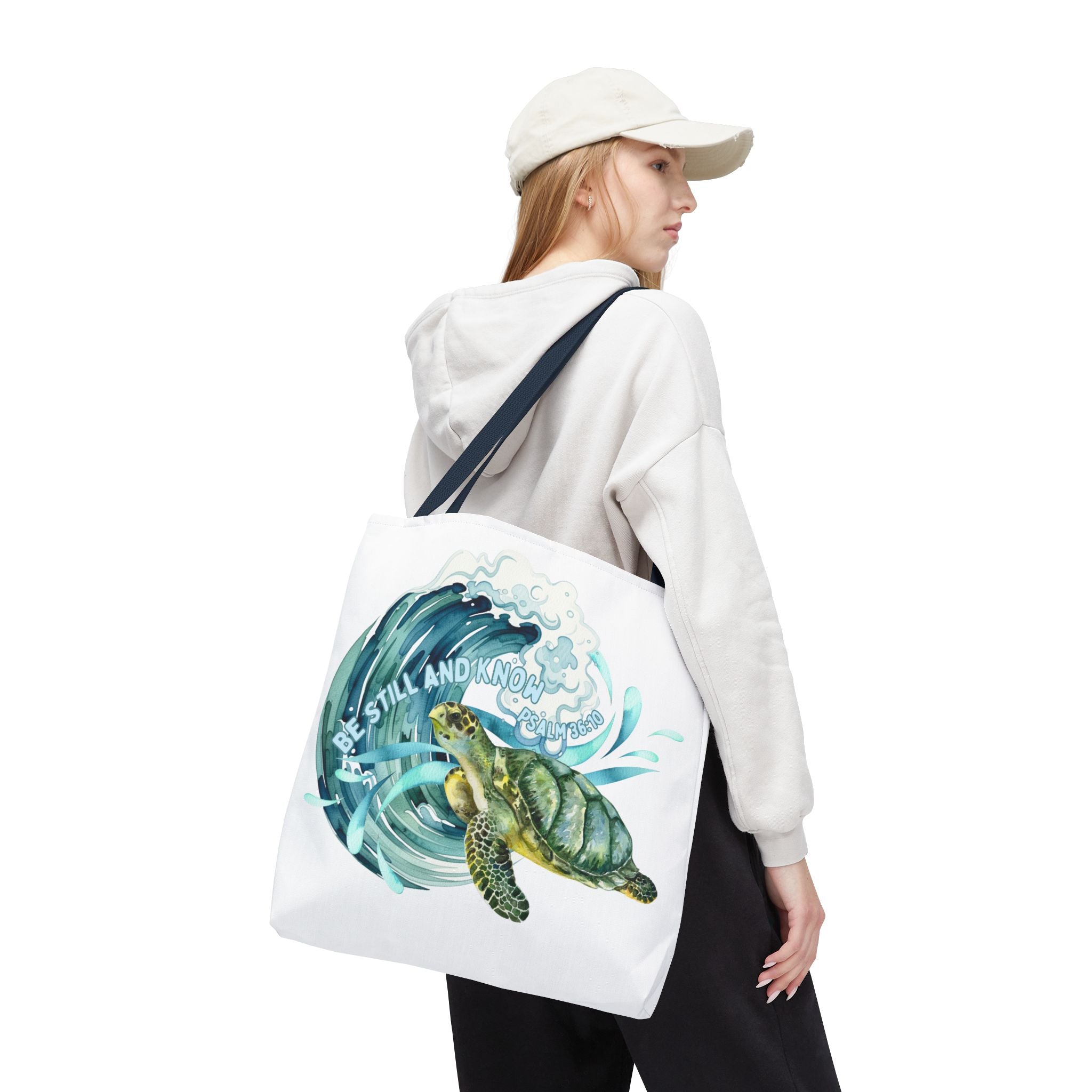 Sea Turtle Wave Tote Bag — "Be Still and Know" Ocean Eco Shopper