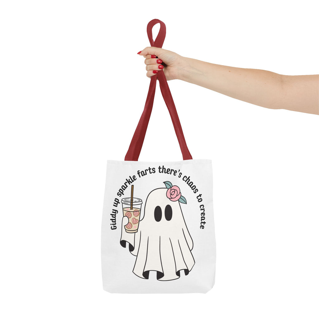 Cute Ghost Tote Bag - "Giddy up sparkle farts there’s chaos to create" Ghost with Boba Tea Tote
