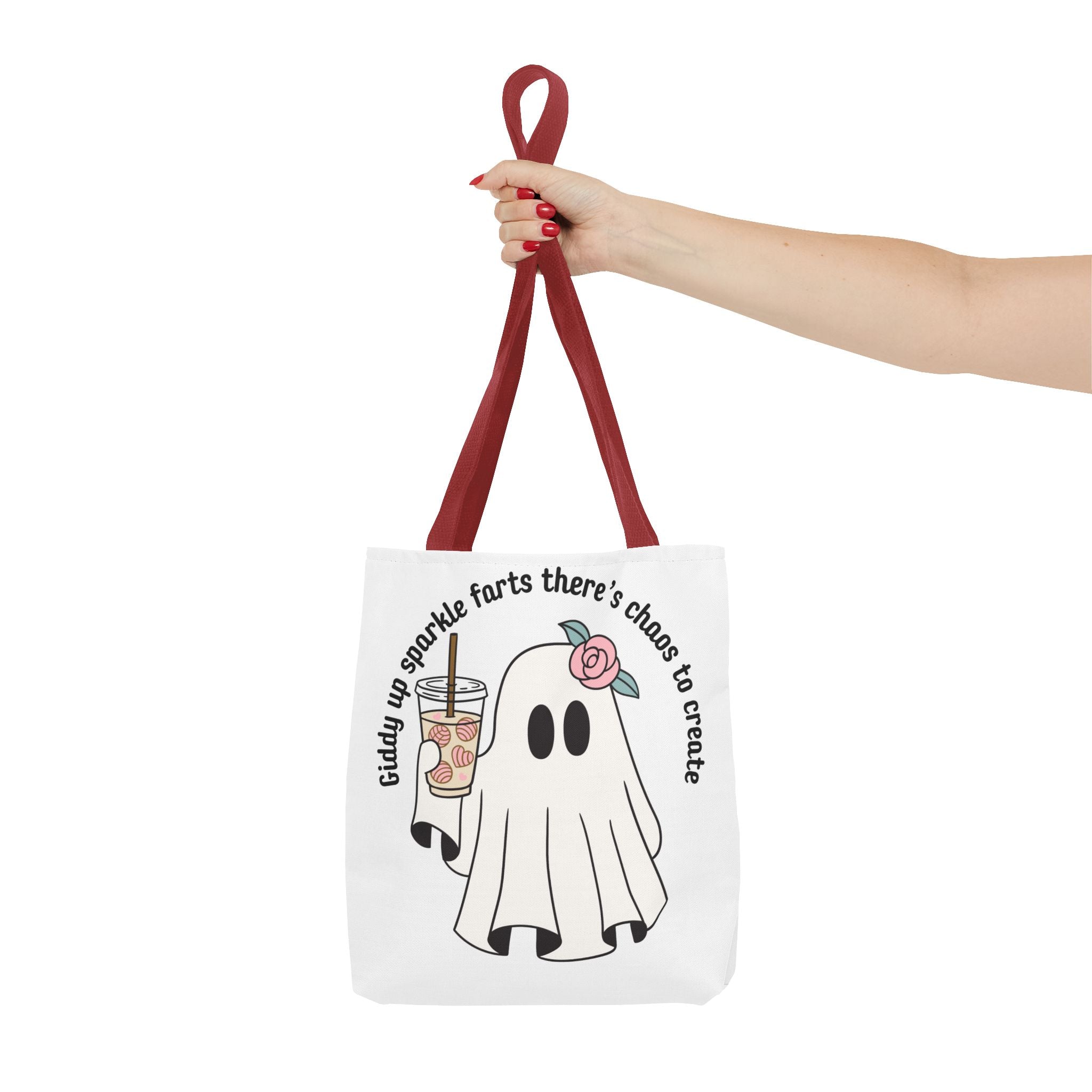Cute Ghost Tote Bag - "Giddy up sparkle farts there’s chaos to create" Ghost with Boba Tea Tote