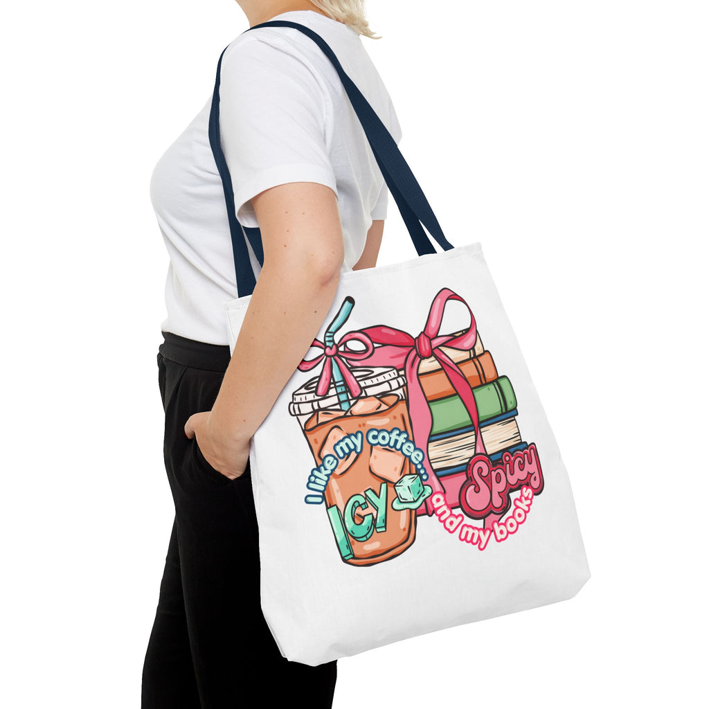 Book Lover Tote Bag — “I like my coffee icy and my books spicy” Illustrated Bookstack & Iced Coffee Design