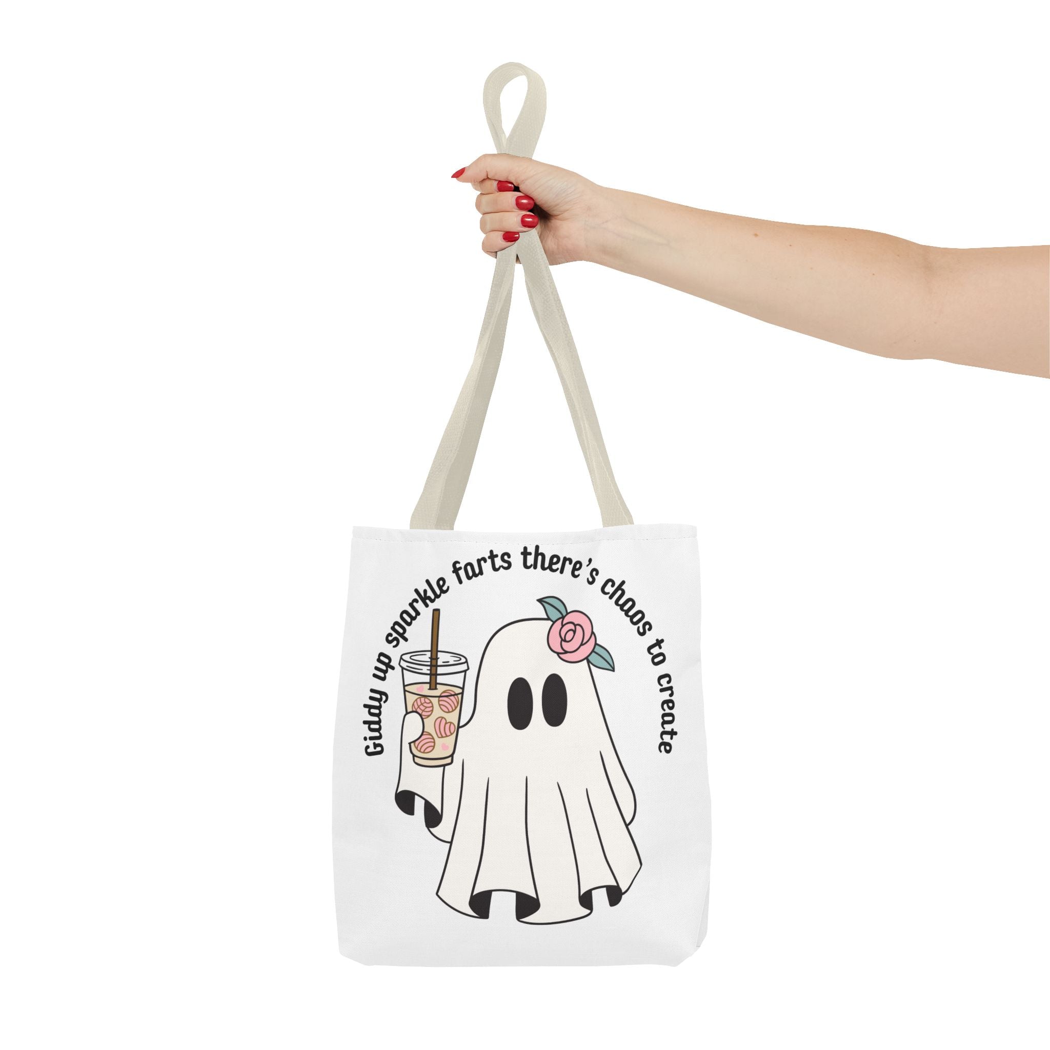 Cute Ghost Tote Bag - "Giddy up sparkle farts there’s chaos to create" Ghost with Boba Tea Tote