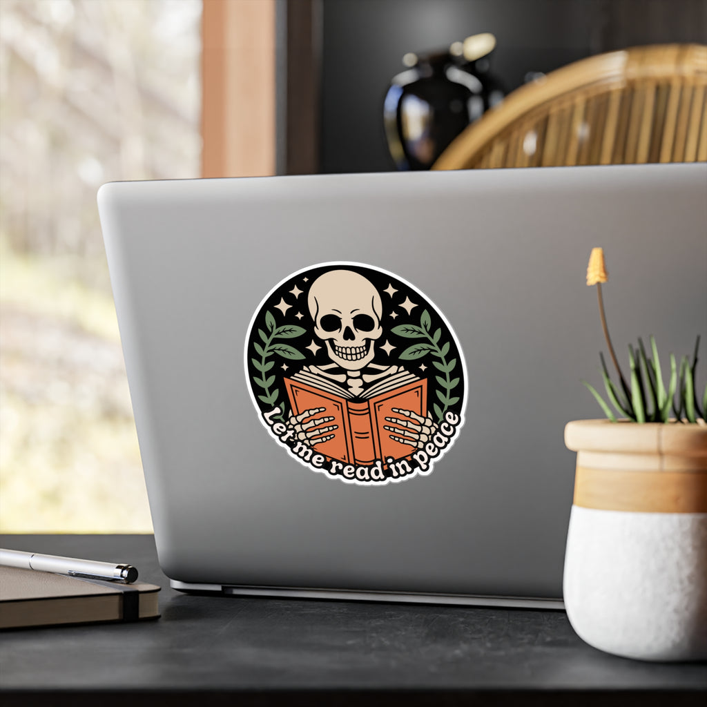 Skeleton Reading Vinyl Sticker – “Let Me Read in Peace” Kiss-Cut Decal
